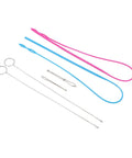 Six Piece Sewing Kit With Stainless Steel Tools For DIY Knitting And Projects Includes Rope Threader Closed Rope Threader Turn Hooks Elastic Clamp And Must Have Tools Easy To Use And Highly Practical. stainless steel sewing tool set laid out on white
