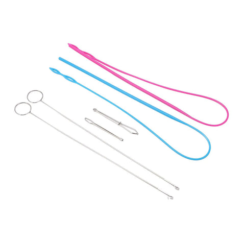 Six Piece Sewing Kit With Stainless Steel Tools For DIY Knitting And Projects Includes Rope Threader Closed Rope Threader Turn Hooks Elastic Clamp And Must Have Tools Easy To Use And Highly Practical. stainless steel sewing tool set laid out on white