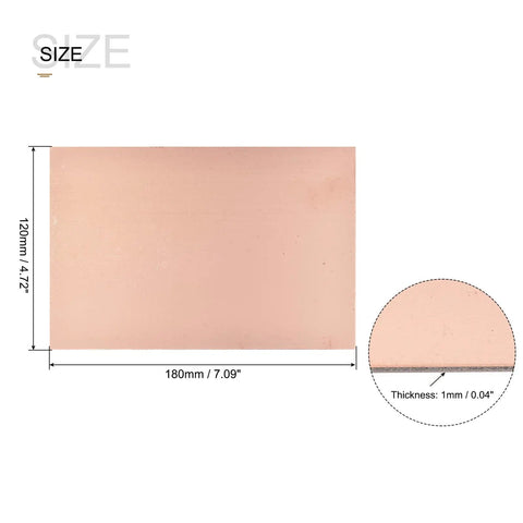 DIY Friendly Copper Clad FR4 Single Sided PCB Board Laminate 180mm By 120mm By 1mm For Prototyping Circuits And Model Train Projects Pack Of 2 For Makers And Hobbyists, showing dimensions and thickness