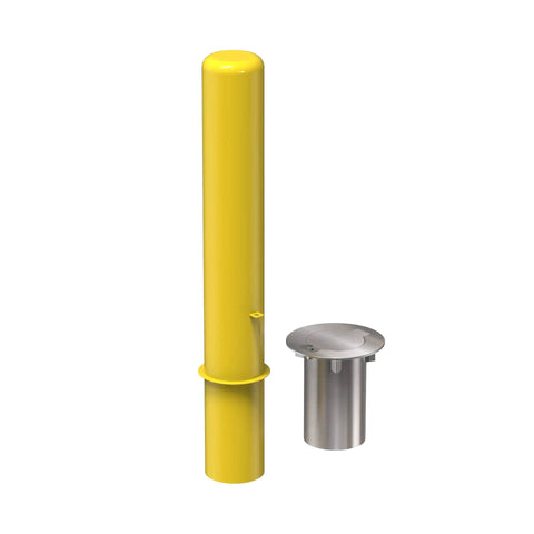 4X36 Inch Badass Removable Bollard With Embedment Sleeve Powder Coated Yellow Carbon Steel Industrial Security Post, side view with sleeve.