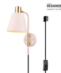 Cleo 1 Light Wall Sconce With Plug-In Or Hardwire Setup, Blush Pink Finish With Matte Brass Accents, showing black cloth cord