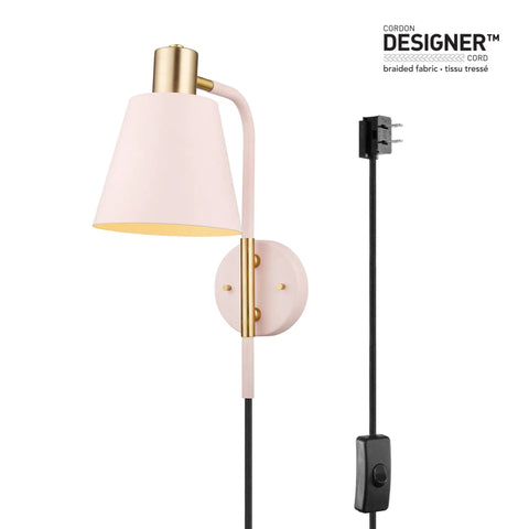 Cleo 1 Light Wall Sconce With Plug-In Or Hardwire Setup, Blush Pink Finish With Matte Brass Accents, showing black cloth cord