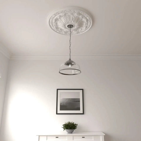 Flagstone Ceiling Medallion For Canopies 30 Inch Outer Diameter Inner Opening 3 7/8 Inches Projection 3 1/4 Inches Primed And Ready For Quick Install With Drill Glue Or Screws Fits Canopies Up To 3 7/8 Inches Lightweight Polyurethane Decorative