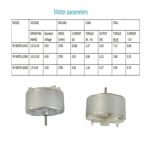 Electric Micro Motors 3V 2700 RPM 32x19mm Small DC Motors 4 Pack, two motors with specifications chart for DIY projects and robotics.