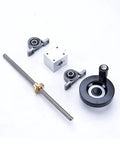 T8 Lead Screw Set For 3D Printers And CNC Machines with 8mm stainless steel lead screws, brass nut, KP08KFL08 bracket, handwheel in silver