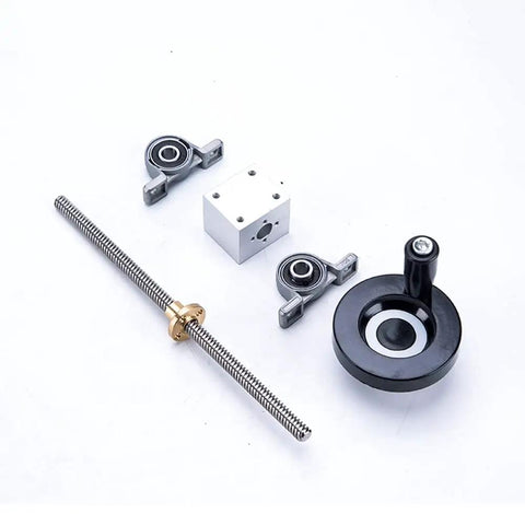 T8 Lead Screw Set For 3D Printers And CNC Machines with 8mm stainless steel lead screws, brass nut, KP08KFL08 bracket, handwheel in silver