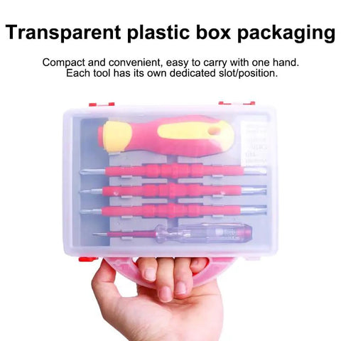 Heavy Duty 1000V Insulated Electrician Tool Set, 5 In 1 Pro Screwdriver Kit packed in transparent plastic box.
