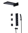 Premium Matte Black Shower System With Waterfall Rain Head And Handheld Spray Set Heavy Duty Brass Valves slick modern fixture layout.
