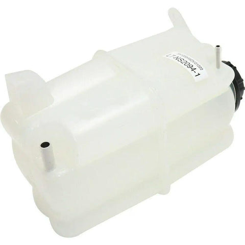 Ready To Bolt On Straight Forward Coolant Reservoir Bottle Direct Swap Overflow Tank For 2004-2015 Nissan Titan Full Size Pickup side view showing cap and inlet.
