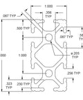 Technical drawing of Heavy Duty 1 Inch By 2 Inch T Slotted Aluminum Extrusion 10 Series showing dimensions for DIY projects.