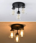 Three Light Industrial Semi Flush Mount Ceiling Fixture With Vintage Clear Seeded Glass Shade, Black Finish, UL Listed, Easy Install