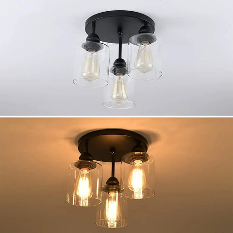 Three Light Industrial Semi Flush Mount Ceiling Fixture With Vintage Clear Seeded Glass Shade, Black Finish, UL Listed, Easy Install