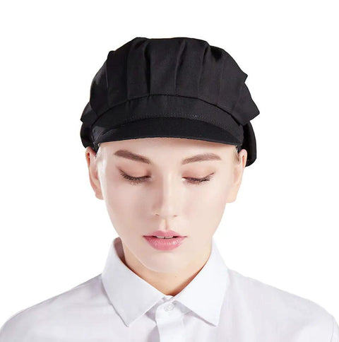 Top Shelf Three Pack Chef Hats For Women And Men With Brimmed Elastic Fit Breathable Poly Cotton Kitchen Cooking Caps For Restaurant Shifts And Weekend Cookouts, black chef hat on a woman.