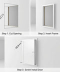 Installation steps for Heavy Duty Aluminum Access Panel Featuring A Slick Flush Concealed Hinge And Dead Nuts Tight Screw Mount For Drywall Ceilings Utility Shafts And Tile Wall Openings.