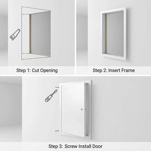 Installation steps for Heavy Duty Aluminum Access Panel Featuring A Slick Flush Concealed Hinge And Dead Nuts Tight Screw Mount For Drywall Ceilings Utility Shafts And Tile Wall Openings.
