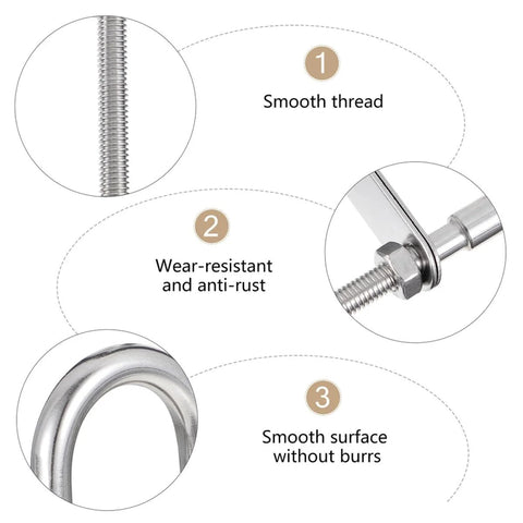 Front view: stainless steel U-bolt M6x90 with nut and washer; smooth threads, wear-resistant, burr-free.