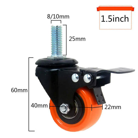 Beefy 1.5 To 2 Inch Polyurethane Swivel Casters With Brake 8/10mm threaded stem steel construction furniture wheel