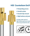 Two WZFC HSS counterbore end mills for metal milling, M4.2x7.4x6x50, gold heads with silver shanks