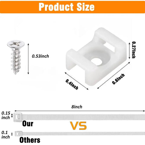 120 Pack White Cable Zip Tie Mounts Kit with 0.6-inch base, 8-inch ties, 0.53-inch screw size comparison