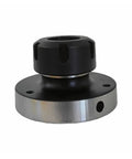 Solid 4 Axis Mini Flange Collet Chuck For Lathe Tools In ER32 Or ER40 Grip Sizes Like 100mm with black top and silver base.