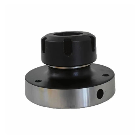 Solid 4 Axis Mini Flange Collet Chuck For Lathe Tools In ER32 Or ER40 Grip Sizes Like 100mm with black top and silver base.