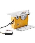 Built Tough Portable Woodworking Table Saw Featuring Dual High Power Motors Plus No Mess Dust Control On A Heavy Duty Aluminum Bench with gears