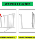 Walk Through Baby Gate With Auto Close Tension White Metal Pet Safety Gate For Stairs Doorways And Kitchen shown in open position