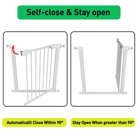 Walk Through Baby Gate With Auto Close Tension White Metal Pet Safety Gate For Stairs Doorways And Kitchen shown in open position