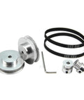 GT2 Synchronous Timing Pulleys Set Two Piece 20T And 60T Aluminum 5mm Bore displayed with belts and tool