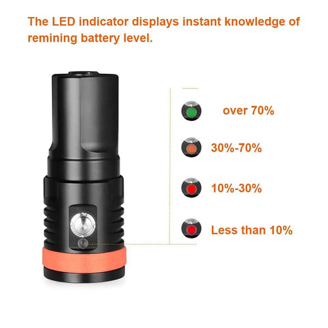 Super Bright Underwater Video Light For Scuba 5000 Lumens 120 Degree Wide Beam 150 Meter Depth Rating battery levels