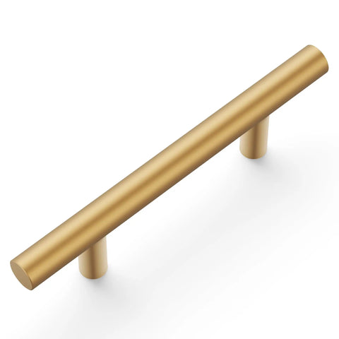 10 Pack 3-Inch Center Cabinet Handles with Brushed Brass Finish, Modern Bar Pulls for Kitchen and Bath Hardware, Sleek Drawer Pulls for Dressers and Doors, Perfect Fit for Remodels and Instant Glow Up, close-up angle.