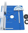 Heavy Duty Aluminum Router Table Insert Plate With Precision Miter Gauge And Butter Smooth Glide Track For Knockout Woodworking Cuts And Pro Level Routing Projects In Classic Blue, viewed from above with components.