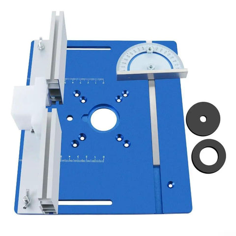 Heavy Duty Aluminum Router Table Insert Plate With Precision Miter Gauge And Butter Smooth Glide Track For Knockout Woodworking Cuts And Pro Level Routing Projects In Classic Blue, viewed from above with components.