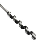 Built Tough One Inch Wood Auger Drill Bit With Hex Shank And Hardened Carbon Steel Shaft shows spiral design for deep boring.