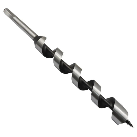 Built Tough One Inch Wood Auger Drill Bit With Hex Shank And Hardened Carbon Steel Shaft shows spiral design for deep boring.