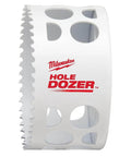 Milwaukee Hole Dozer bi-metal hole saw, 3-1/2 inch; white body with red logo, cutting teeth along rim, side view.