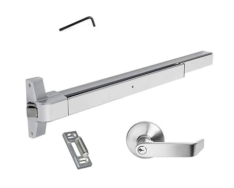 Push Bar Panic Exit Device For Emergency Doors With Exterior Lever Handle, Painted Aluminum, Grade 1 Heavy Duty, ADA Approved For Medium To High Traffic, Reversible Install, Durable And Easy To Use