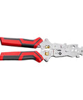 Heavy Duty 12 in One Multi-Tool Wire Stripper For Car Wiring And Electric Jobs Folding Crimping Pliers with red ergonomic handles.