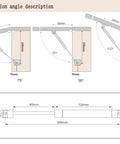 Installation angles of 2 Pack 120N Gas Spring Strut Shocks for Cabinets and Toy Boxes with Soft Close Hinges, length measurements shown.