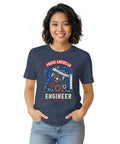 Cool Mechanical Blueprint Tee For Engineers And Mechanics With Caliper Gears Art On Soft Cotton Shirt displayed on model.