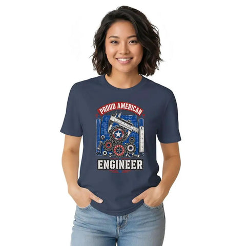 Cool Mechanical Blueprint Tee For Engineers And Mechanics With Caliper Gears Art On Soft Cotton Shirt displayed on model.