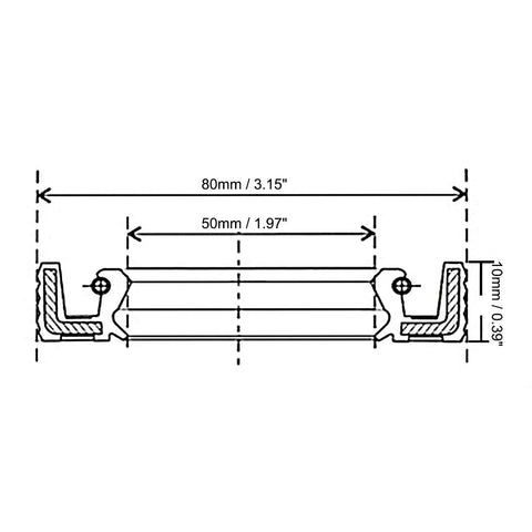 uxcell oil seal 50mm x 80mm x 10mm nitrile rubber, double-lip with spring, cross-section diagram, black