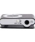 Black Go To Pocket MP3 Player For On The Go Tunes with side view of on-off switch and headphone jack, mini clip on music player.
