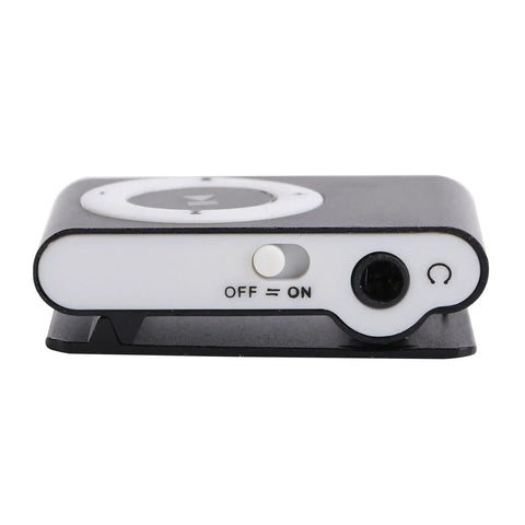 Black Go To Pocket MP3 Player For On The Go Tunes with side view of on-off switch and headphone jack, mini clip on music player.