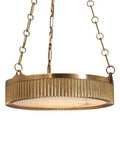 Top Shelf Four Light Ceiling Pendant Crafted From Solid Brass And Alabaster Stone Shades Featuring Aged Brass Finish Adjustable Chain For Bathrooms, round brass fixture with ribbed design.