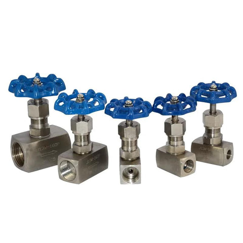Five VARMHUS high-pressure needle valves with blue handles and female threaded ends, 316 stainless steel, 3/8 inch size