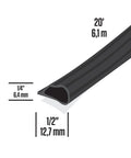 Black silicone gasket seal, 20 ft long, U-shaped cross-section; 1/4 in thick, 1/2 in wide for doors and windows.