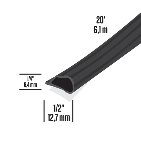 Black silicone gasket seal, 20 ft long, U-shaped cross-section; 1/4 in thick, 1/2 in wide for doors and windows.