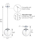 Diagram showing dimensions of One Light Dimmable Pendant With Clear Seedy Glass Globe In Polished Chrome Dope Modern Kitchen Island Lighting Adjustable Height With Multiple Rods And Stem For Flexible Hanging Above Bars Or Dining Tables.