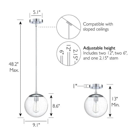 Diagram showing dimensions of One Light Dimmable Pendant With Clear Seedy Glass Globe In Polished Chrome Dope Modern Kitchen Island Lighting Adjustable Height With Multiple Rods And Stem For Flexible Hanging Above Bars Or Dining Tables.